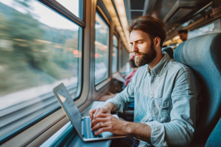 Digital Nomad Journey: Caucasian Men Working on Moving Trainsの素材