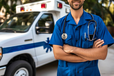 Healthcare Excellence: Ambulance and Doctor Close-upの素材