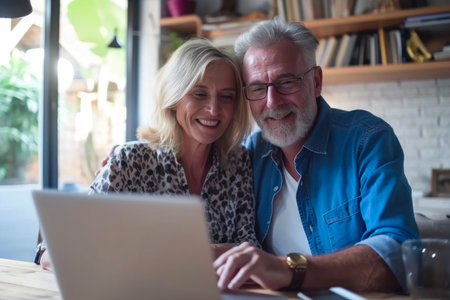 Mature Caucasian Couple Embracing Technology at Homeの素材