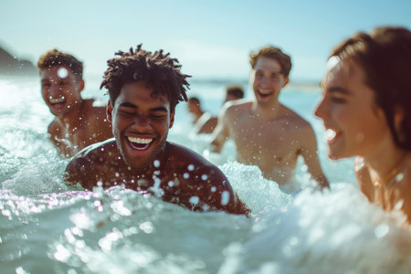 Colorful Gen Z Crew Making Waves at the Beachの素材