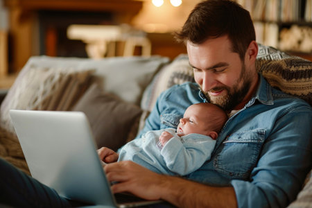 Family First: Caucasian Dad Nurturing Newborn While Workingの素材