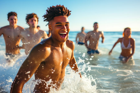 Carefree Youth Enjoying Beach Water Playの素材