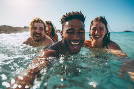 Diverse Friends Having Fun in Coastal Wavesの素材