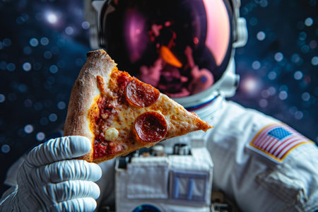 Galactic Gastronomy: Astronaut savoring a pizza delight in spaceの素材