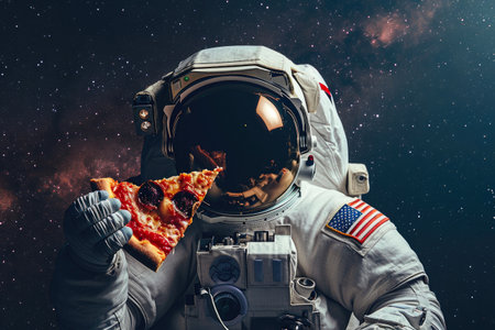 Space Slice: Close-up of astronaut enjoying a cosmic pizza treatの素材