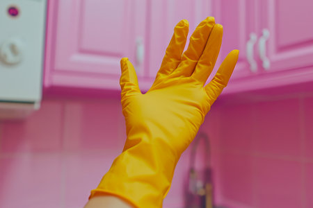 Vibrant Yellow Latex Gloves in Actionの素材