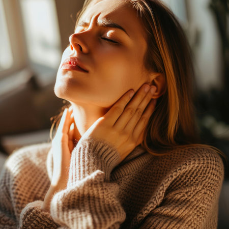 Beautiful woman experiencing neck pain, discomfort conceptの素材