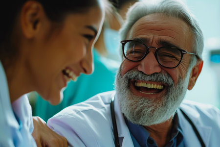 Cheerful Patient and Doctor Embrace in Hospital Glowの素材
