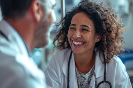 Hospital Happiness: Close-up of Smiling Patient with Doctorの素材