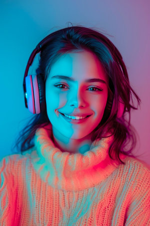 Cheerful Female Model in Close Proximity, Vibrant Backgroundの素材