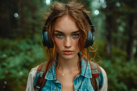 Enchanting Forest Melody: Woman in Headphonesの素材