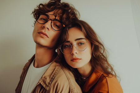 Modern Romance: Young Couple in Fashionable Attire on Neutral Backgroundの素材