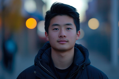 Capturing Dusk: Asian Man in Urban Serenityの素材