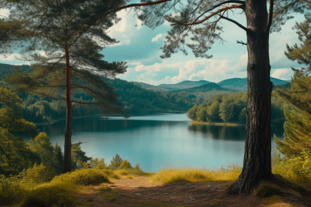 Tranquil Pine Grove by the Reflective Reservoirの素材