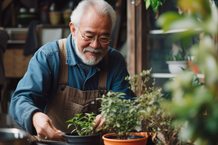 Grandfather Nurturing Potted Plant in Domestic Settingの素材