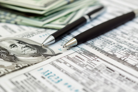 Tax Season Revenues: Accountant's Workspace with Bills and Penの素材