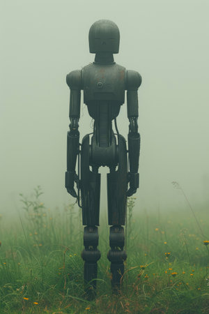 Metallic Nostalgia: 1950s Inspired Robot Amidst Natureの素材