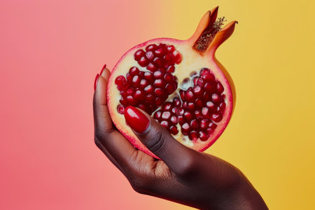 Colorful Harvest: Bold Hand Holding Fresh Pomegranateの素材
