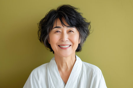 Mature Japanese Woman Beaming on Olive-Colored Settingの素材