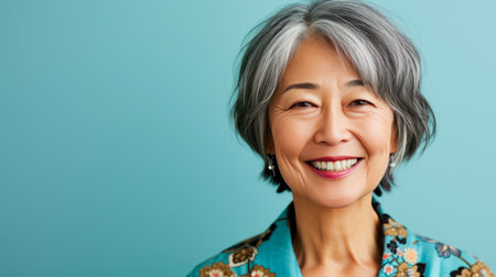 Radiant Mature Woman Smiling on Soft Blue Backdropの素材