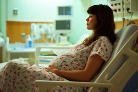 Weary Pregnant Patient Resting in Medical Settingの素材