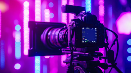 Professional 4K DSLR Camera Against Vibrant Purple Backdropの素材