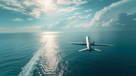Elegant Airplane Soaring Above Turquoise Oceanの素材