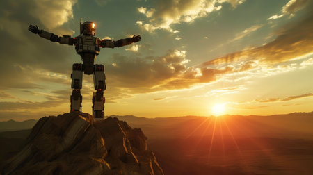Futuristic Victory: Robot Conquers Cliff's Apex at Sunriseの素材
