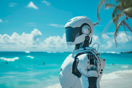 High-Tech Surfer: White Robot Conquering Ocean Wavesの素材