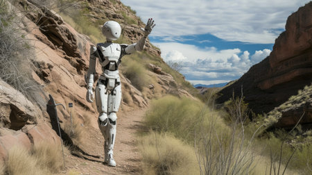 Robotic Trail Companion: A Friendly Wave in the Desertの素材