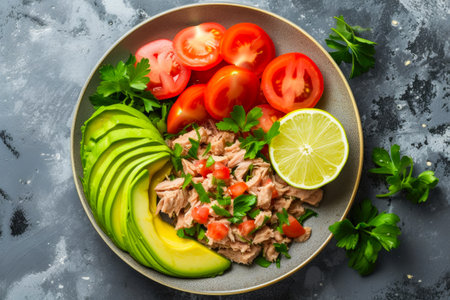Fresh and Flavorful Plate: Avocado, Tuna, and Tomato Medleyの素材