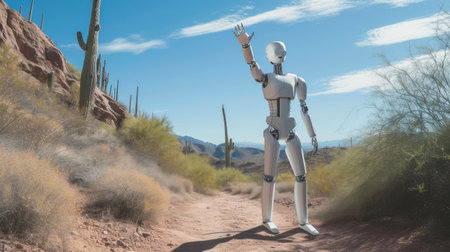 Robotic Trail Companion Waving in Arizona Desertの素材
