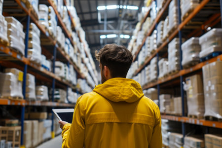 Smiling Employee Monitoring Supplies with Digital Deviceの素材