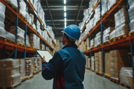 Laughing Salesman Checking Warehouse Stock on Tabletの素材