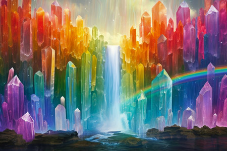 Chromatic Splendor: Waterfall Embraced by Colorful Crystalsの素材