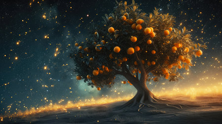 Luminous Harvest: Enigmatic Tree with Glowing Gold Fruitsの素材