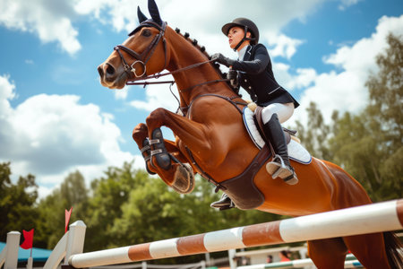 Equestrian Excellence: Rider and Sport Horse Soar Over Obstacleの素材