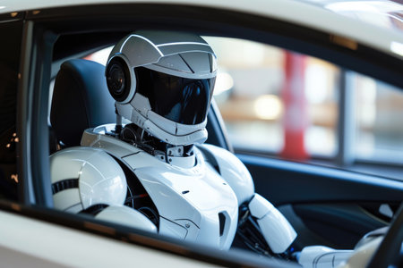 Autonomous AI Robot at the Wheel with Full Face Helmetの素材