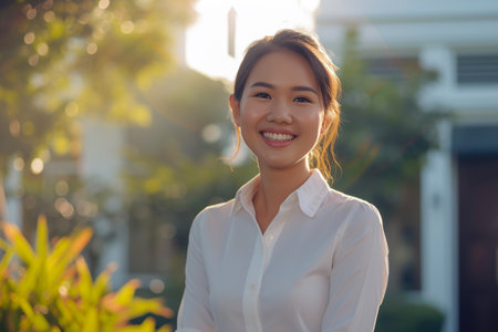 Woman Smiles Before Entering Her Office Oasisの素材