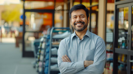 Success in Every Smile: Businessman Celebrates Grand Openingの素材