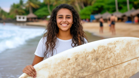 Ocean Waves and Radiant Smiles: Surfing Beauty at Sunsetの素材