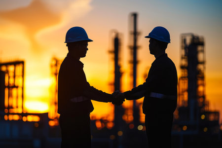 Unity in Construction: Engineer and Worker Shake Handsの素材