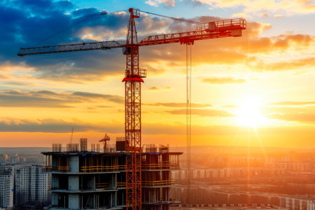 Dusk Development: Crane Amidst Evening Skyの素材