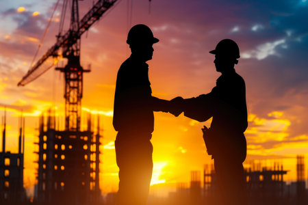 Building Partnerships: Engineer and Worker Silhouette Shake Handsの素材
