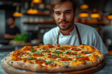 Sizzling Pizza Moments in a Radiant Kitchen Settingの素材