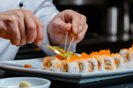 Luxurious Sushi Creation: Chef Gilding Sushi with Gold Leafの素材