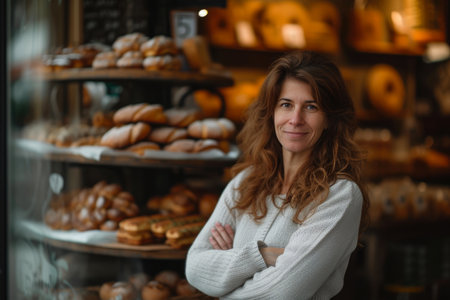 Confident Female Entrepreneur Showcasing Artisanal Bakery Craftの素材