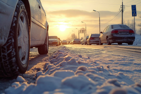 Chilly Commute: Vehicles Sideways on Frosty Roadsの素材