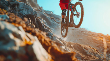 Epic Mountain Biking Moment: Rider in Flightの素材