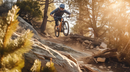 Epic Jump: Mountain Biker Launching Over Rocky Trailの素材